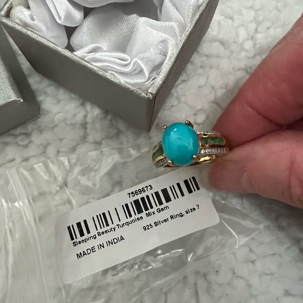 Sleeping beauty turquoise with emerald size 7 14k over sterling silver